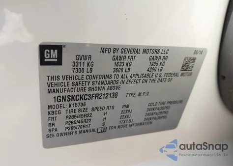 2015 Chevrolet Tahoe Ltz z USA, uszkodzony, nr VIN 1GNSKCKC3FR212138